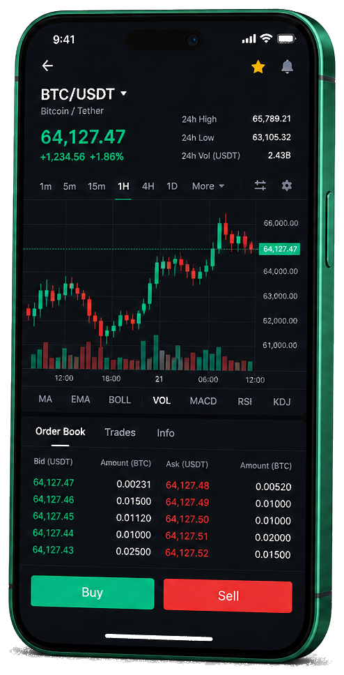 Application mobile Quantum AI — graphique BTC/USDT en direct, carnet d’ordres et outils de trading
